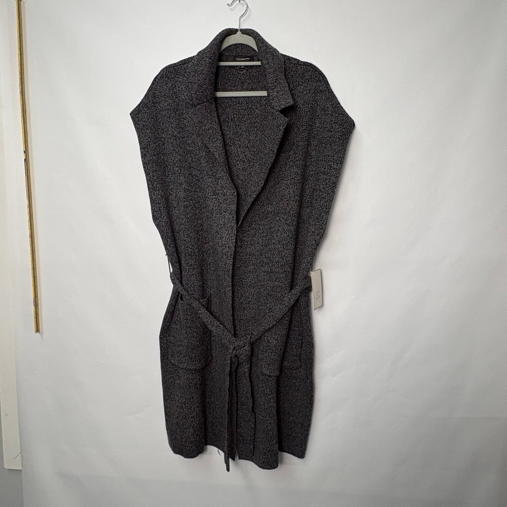 Calligraphie Women L Charcoal Gray Marled Knit Longline Belted Vest Cardigan NWT